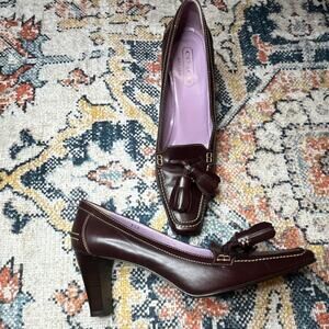 Coach Camellia Tassel Pumps Maroon Cherry Leather Square Toe Heels 7.5B